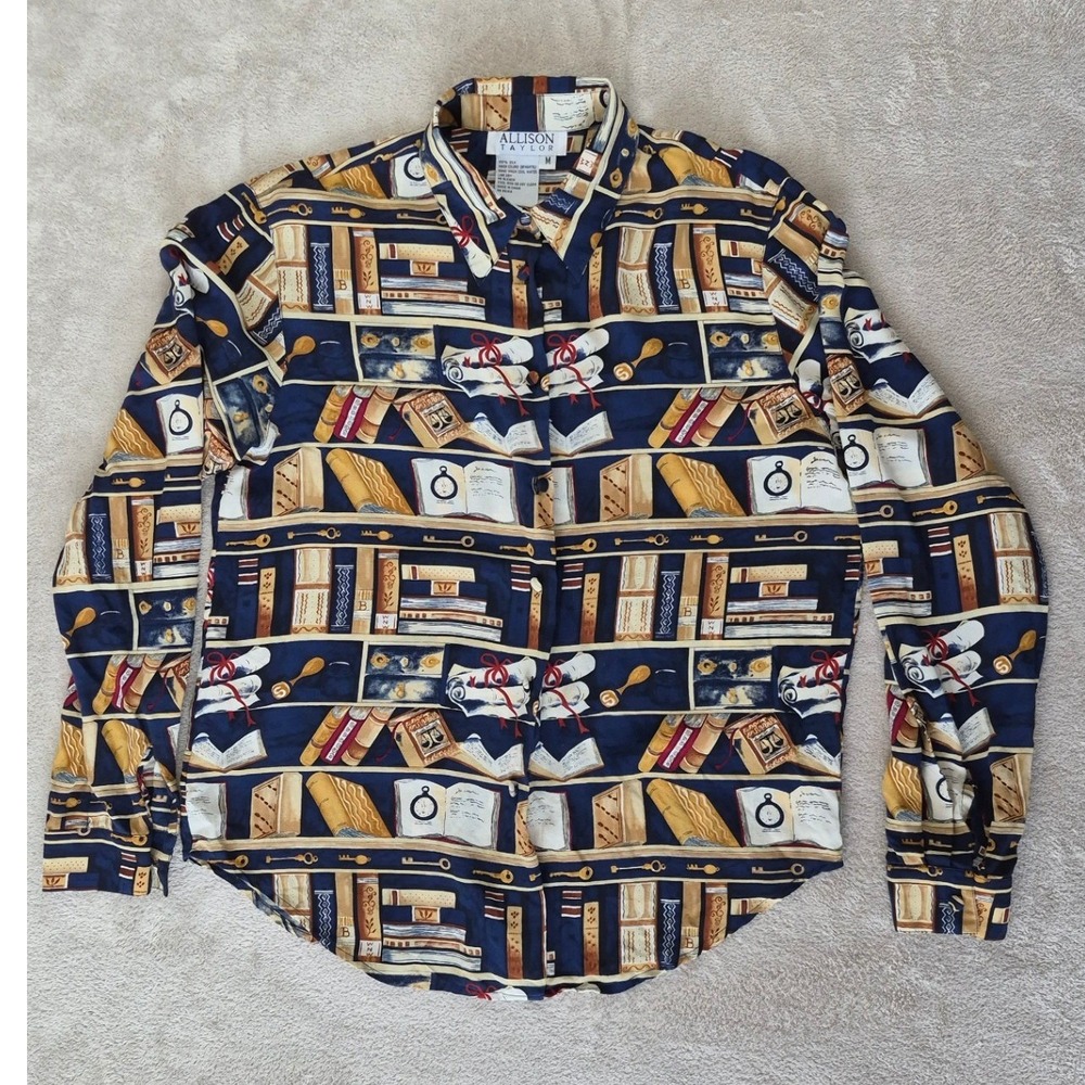 Allison Taylor Button Down Shirt 100% Silk Print Medium Blue Library Long Sleeve